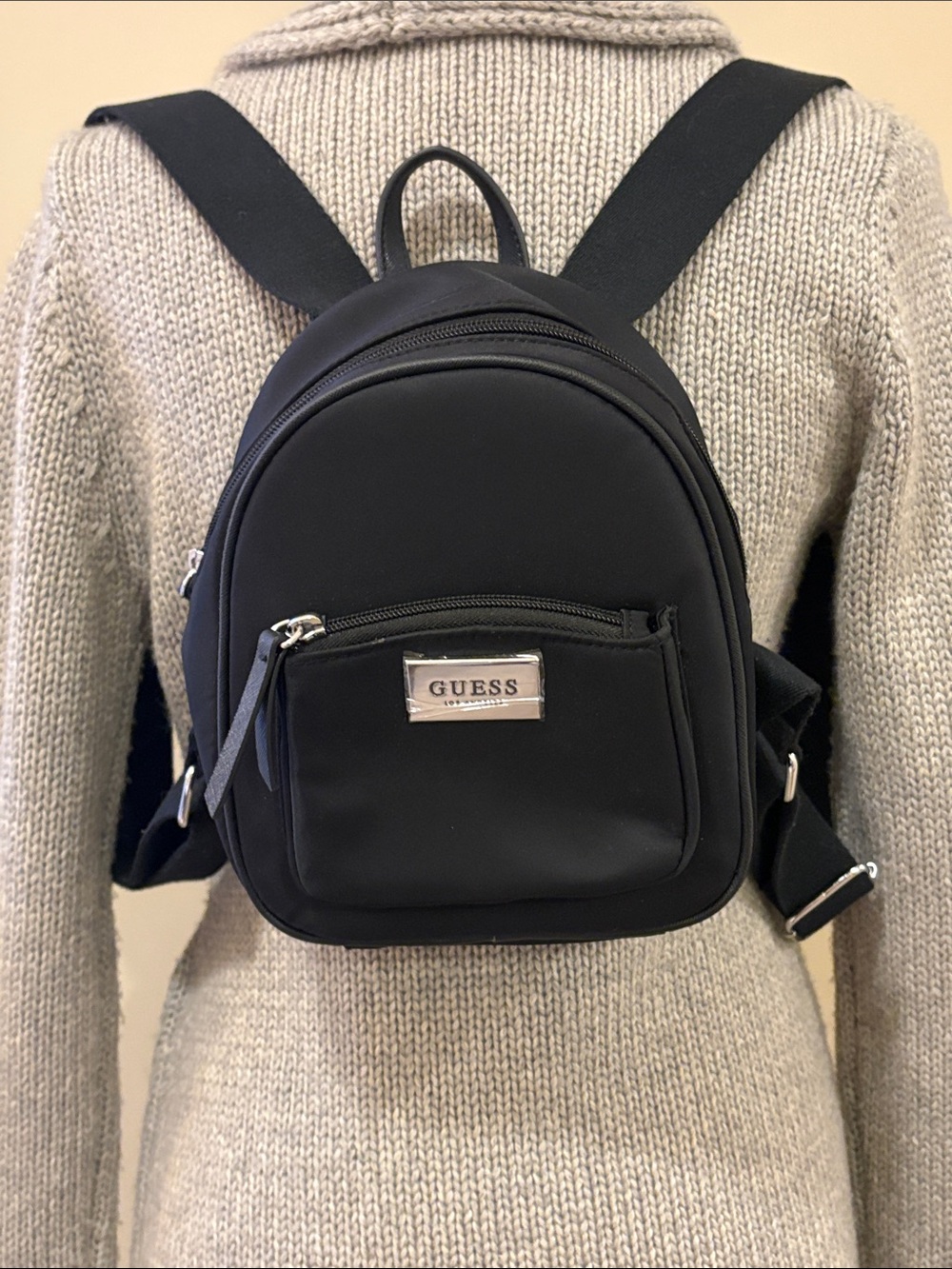 GUESS Black Mini Backpack Purse with Silver Logo Plate
